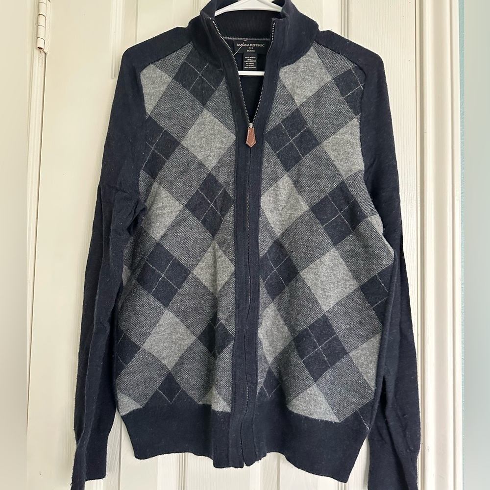 Banana Republic Men's Wool Argyle Full-Zip Sweater - Black & Gray Size Medium